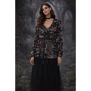 Biaggini Womens Paisley Peplum Tunic Top Black Purple Boho‎ Whimsigoth Large